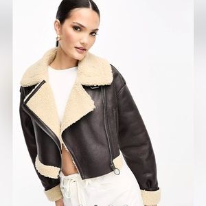 Stradivarius cropped aviator jacket in brown